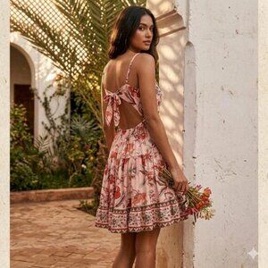 Angie Floral Boho Tiered Halter Sun Dress Pink Red Orange Medium